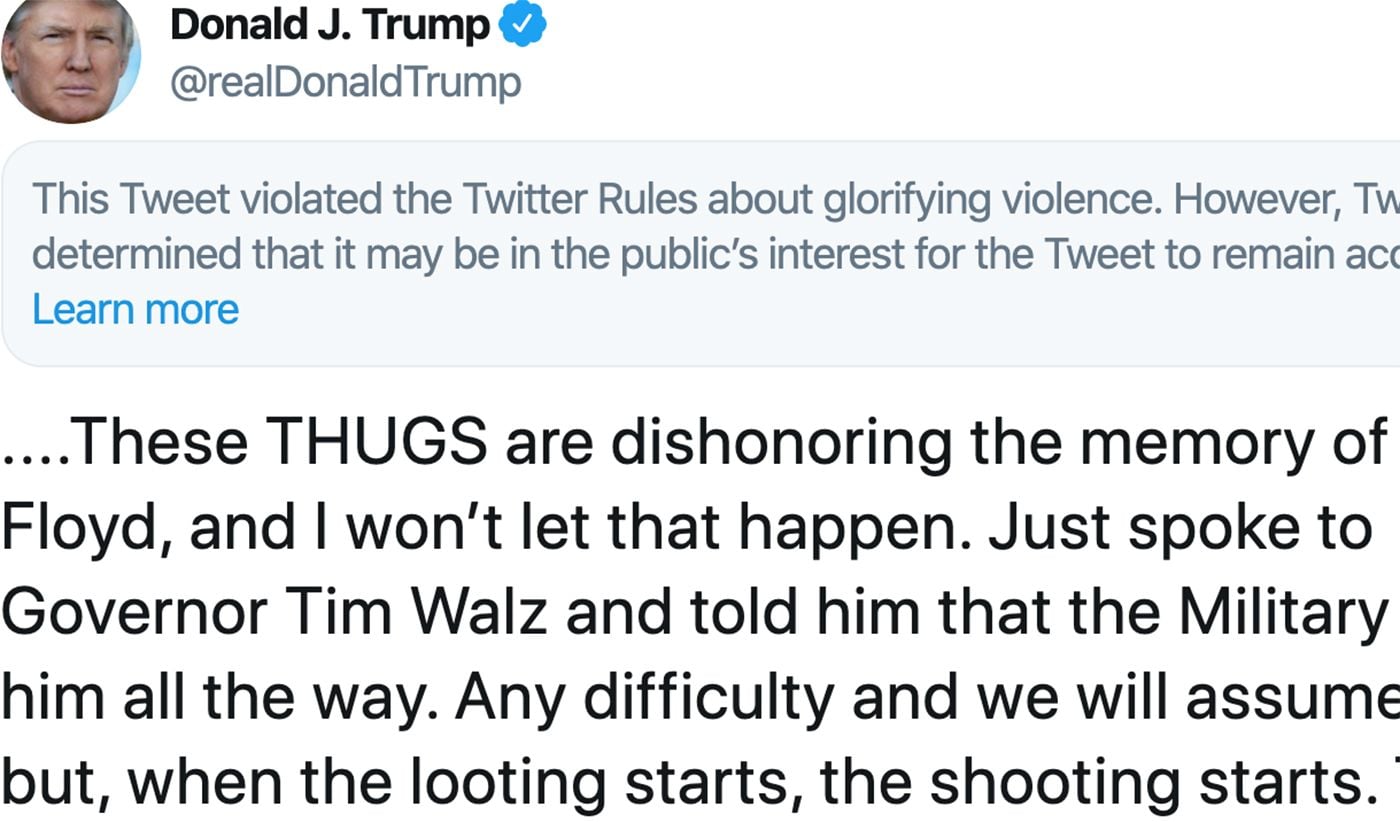 Twitter Doubles Down On Labeling Trump's Tweets After He Suggests Shooting Looters In Minnesota