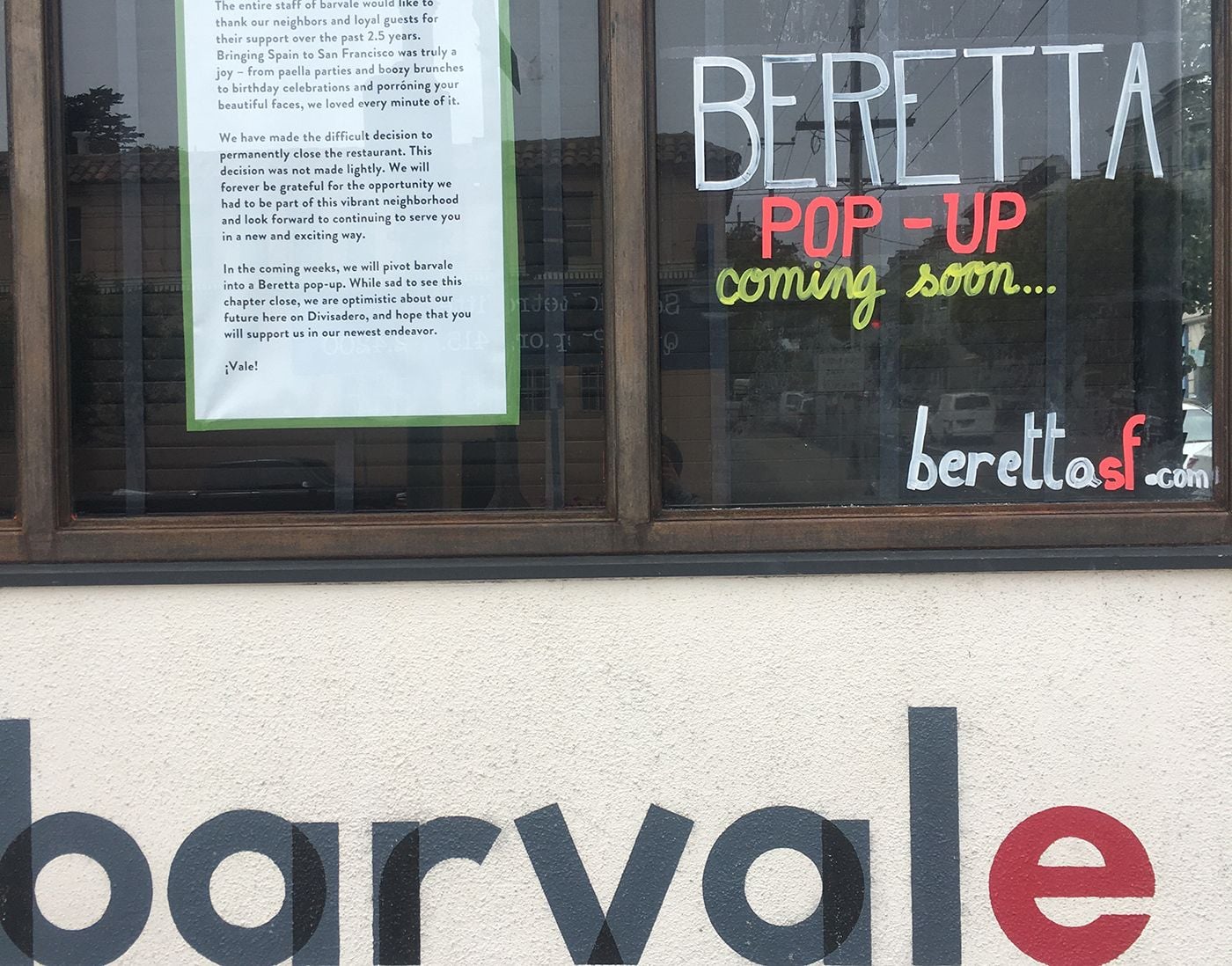 Barvale Closes On Divisadero, Pivots to Beretta Pop-Up