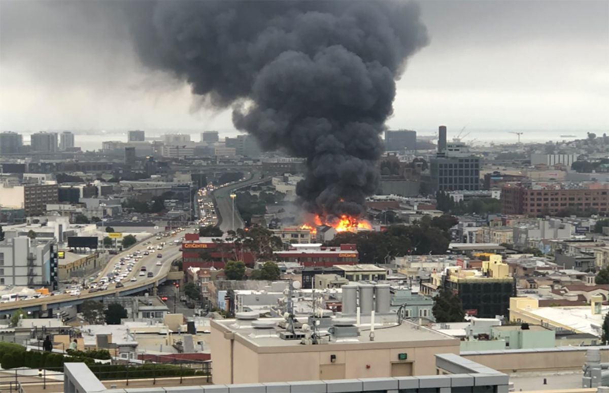Five-Alarm Fire Burns Multiple Commercial Buildings in Mission Next To 101 Overpass