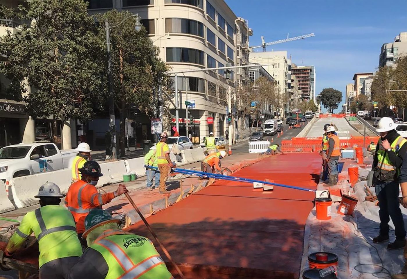 Four Years Into Van Ness Bus Lane Project, Red Concrete Gets Poured for