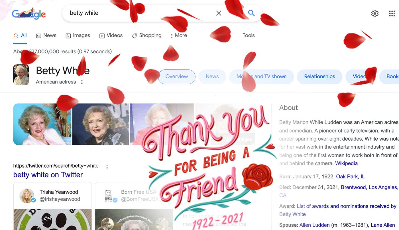 Google Marks Betty White's 100th With Easter Egg; Fans Donate to Animal Shelters
