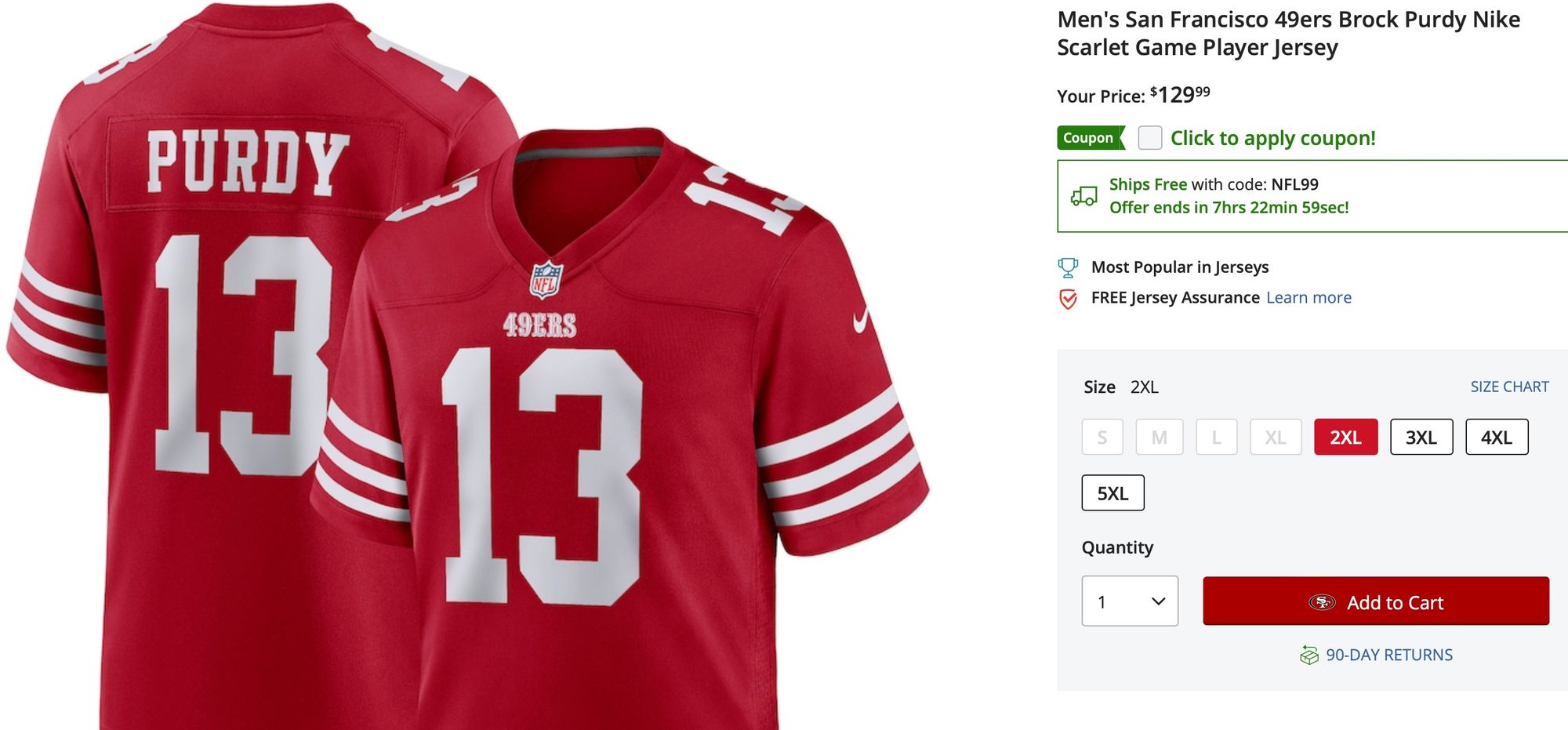 Men's Nike Brock Purdy Scarlet San Francisco 49ers Alternate Game Player Jersey Size: 3XL