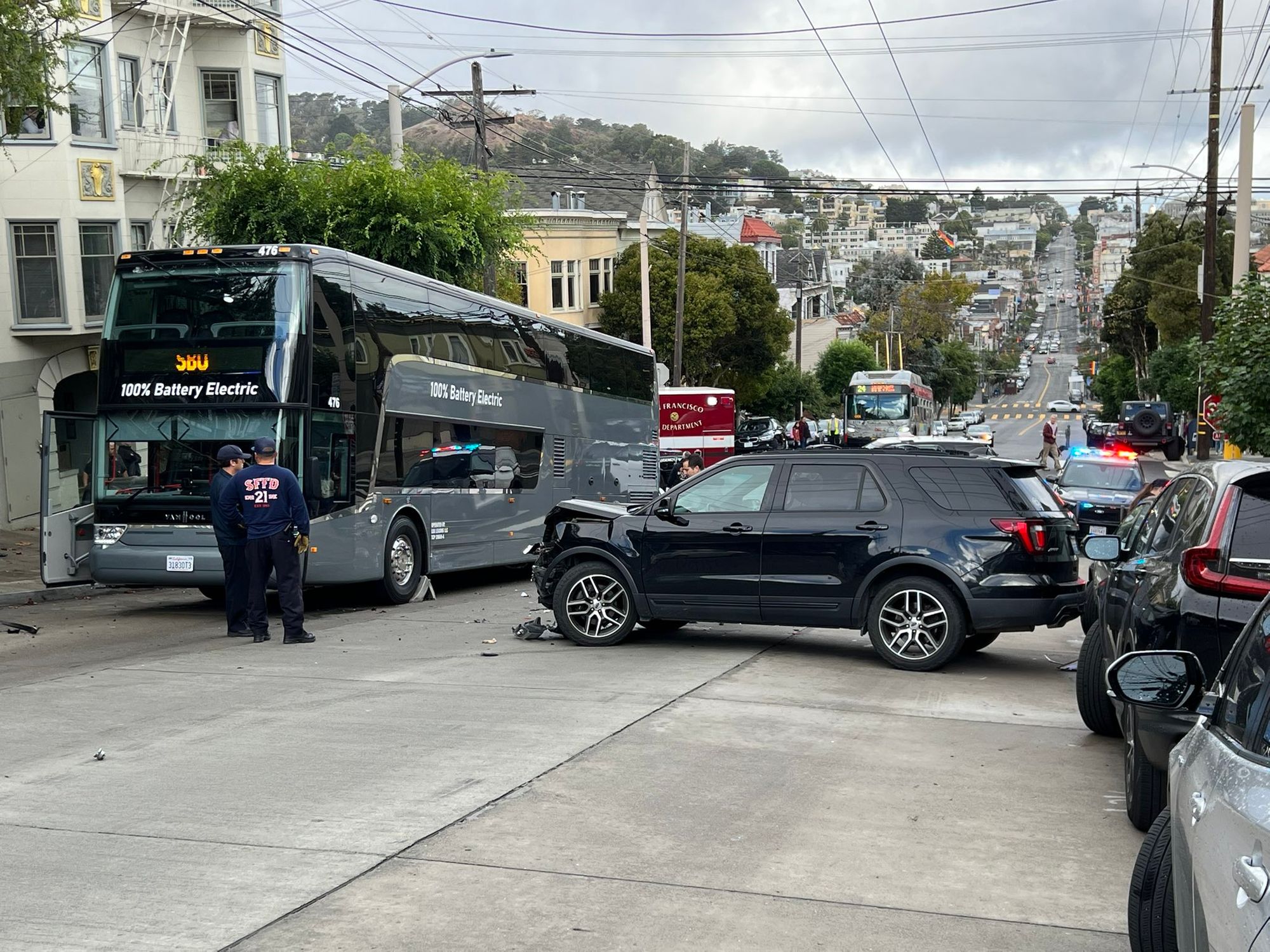 Apparent Tech Bus Accident Damages Multiple Cars on Castro Street