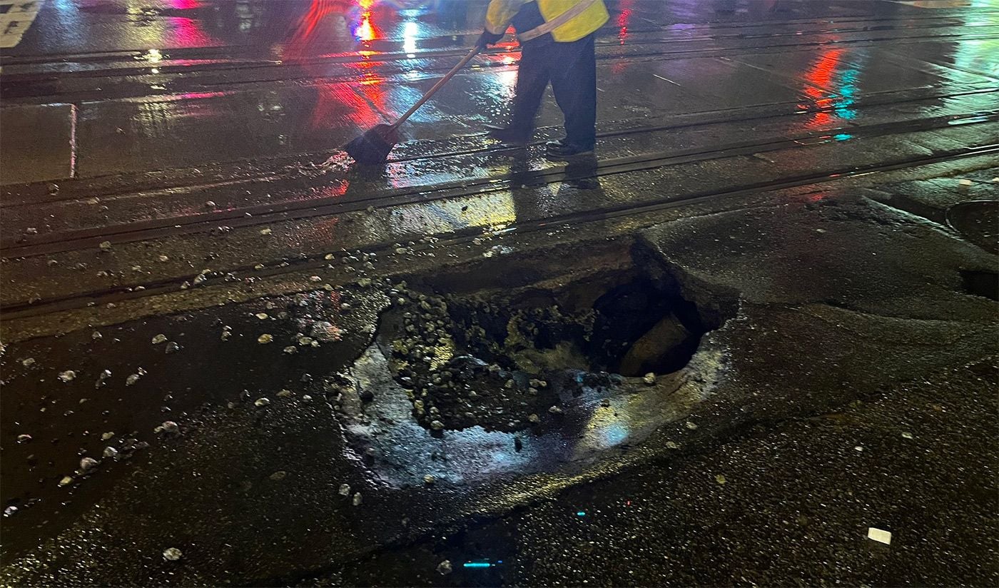 Modest-Sized Sinkhole Appears Next to Cable Car Tracks In Downtown SF; Motorcyclist Injured After Hitting It