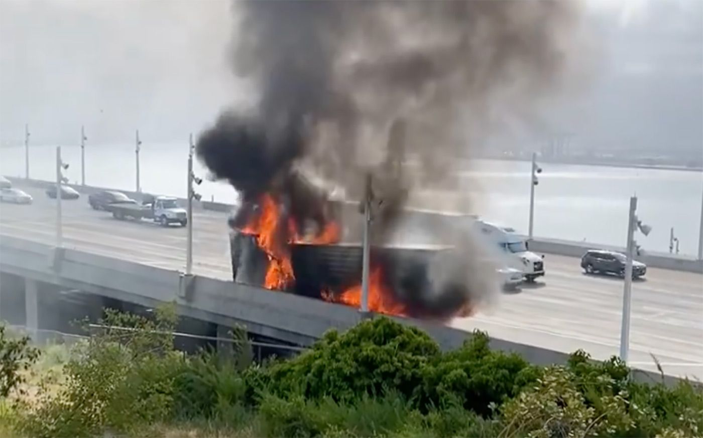 Big Rig's Trailer Catches Fire On Westbound Bay Bridge Near Yerba Buena Tunnel; Accident Also on Eastbound Deck