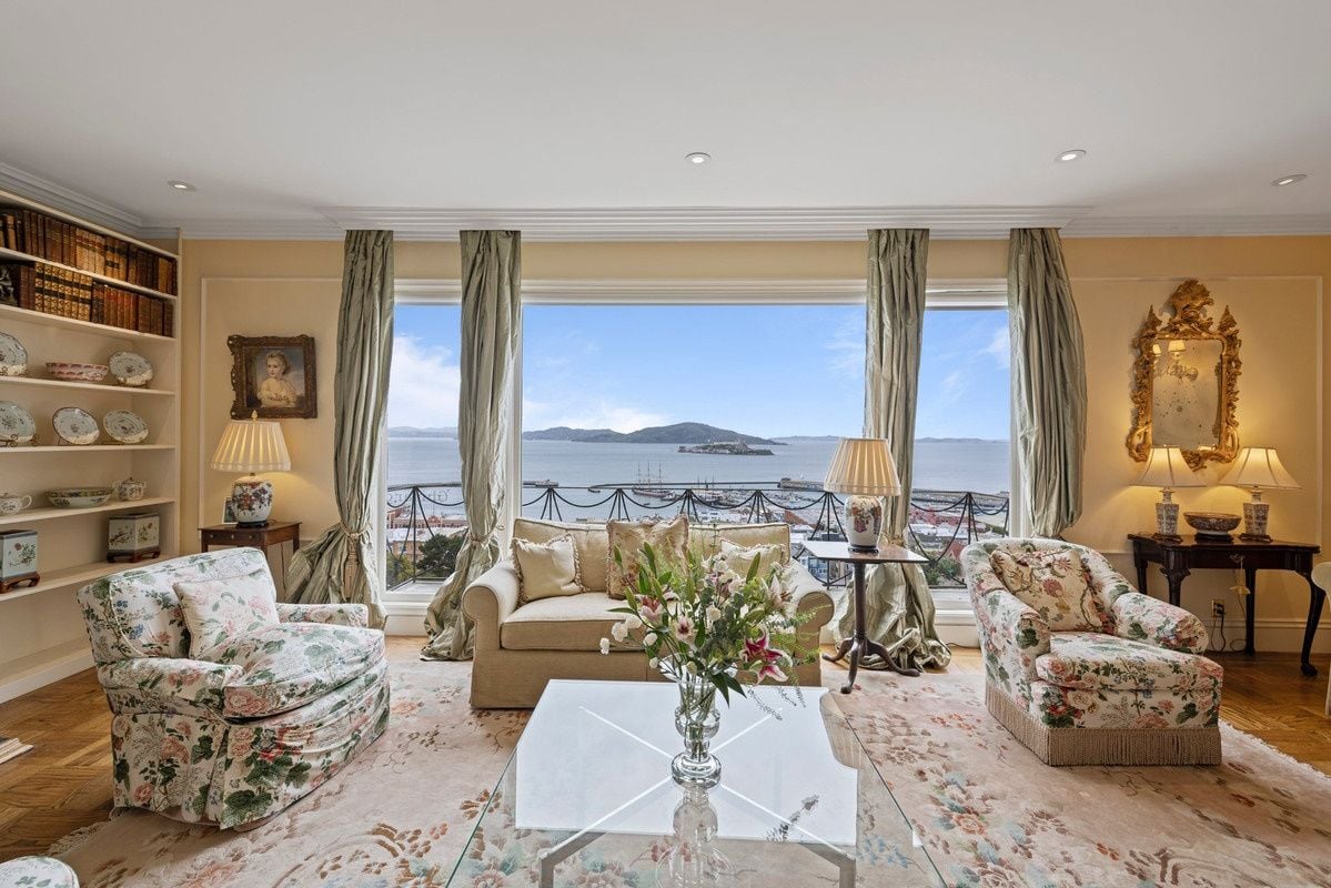 Iconic French Provincial House with Rare NY Met Wallpaper, Unobstructed Views of Alcatraz Lists in Russian Hill for $12.75M