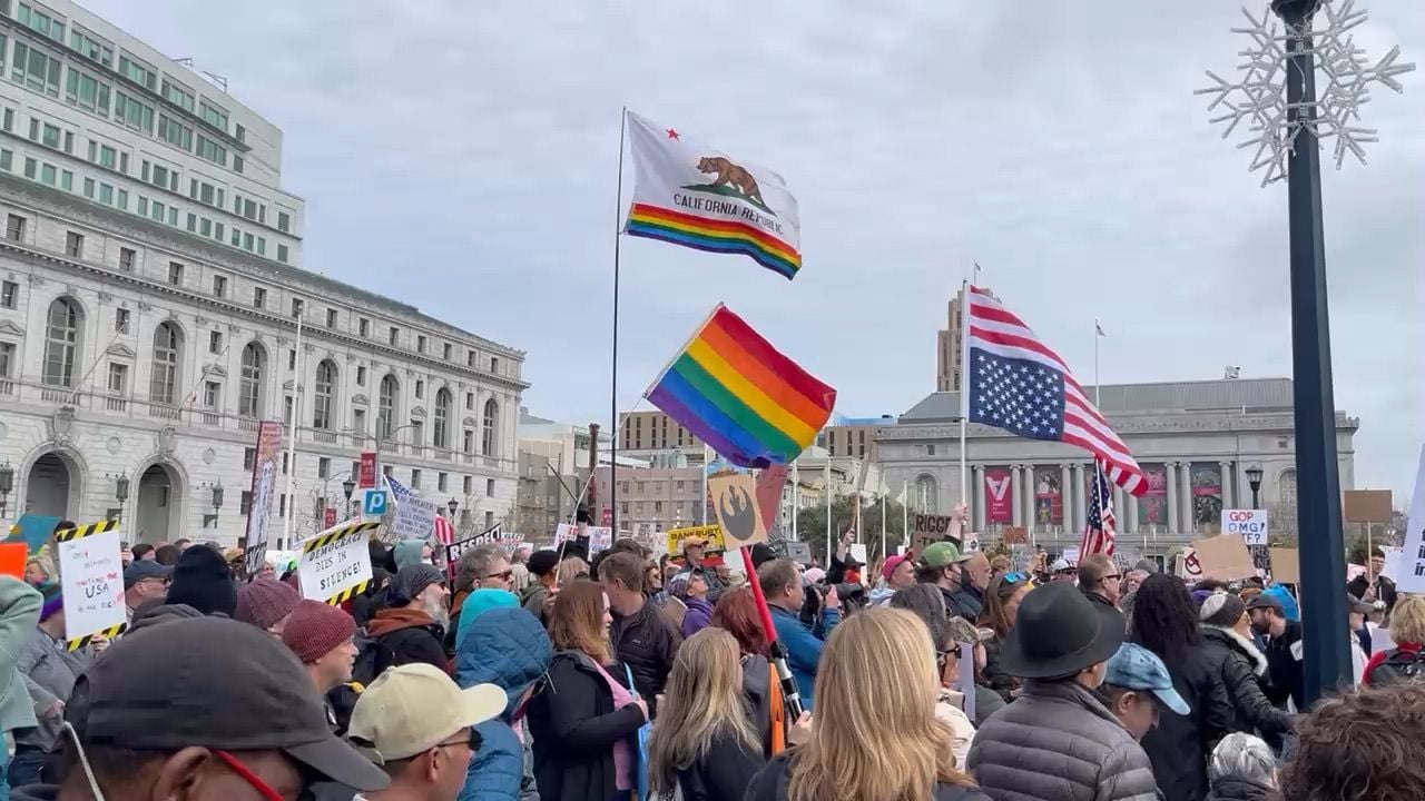 Hundreds Rally In SF's Civic Center For 'No Kings on Presidents Day' Event; Others Rally Outside Tesla Dealership