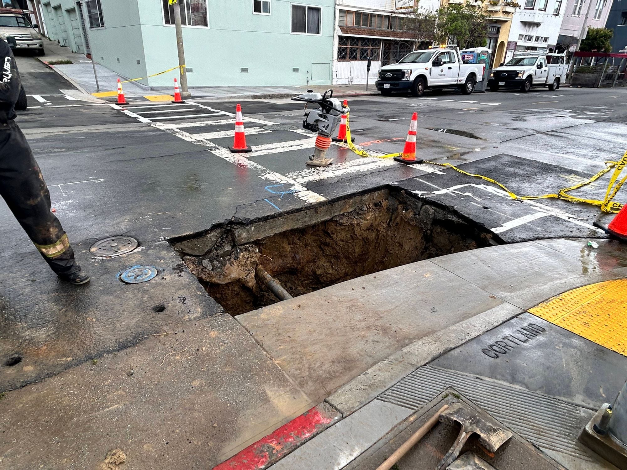 Water Main Break Leaves Bernal Heights’ Cortland Avenue With Sinkhole, Cars Diverted