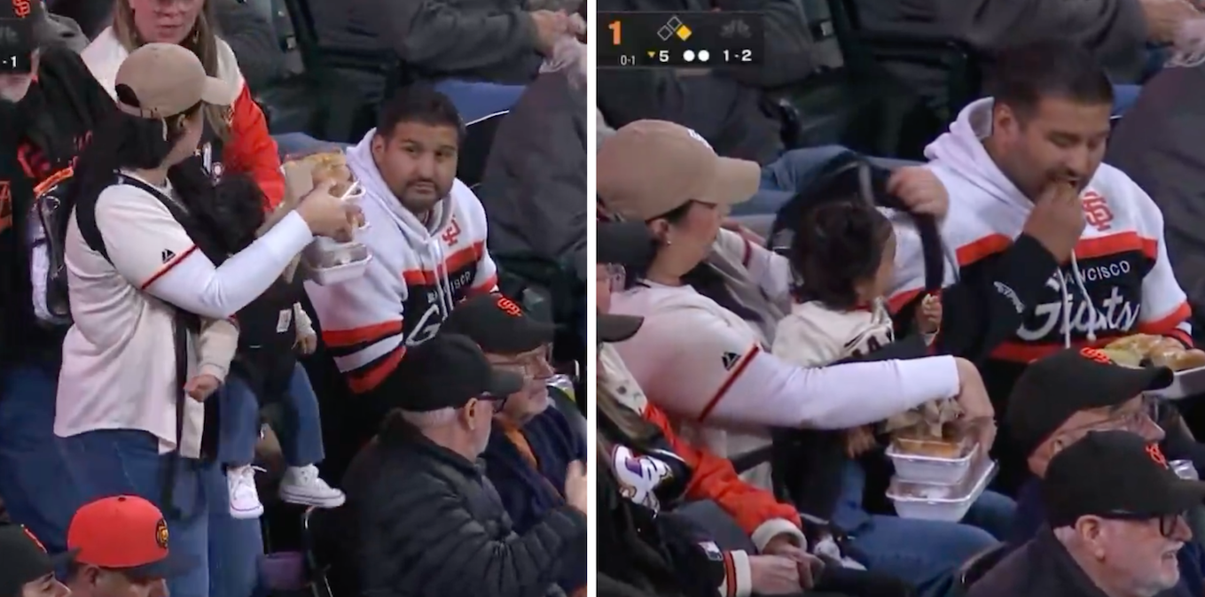 Giants Fan Gets Roasted For Sitting In Stands While Partner Carries Baby, Plates of Food
