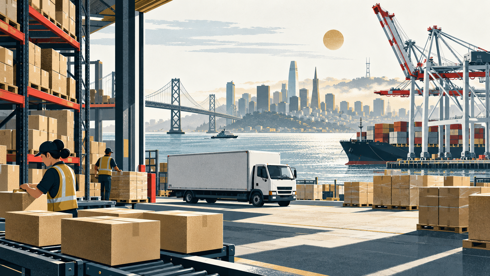 Editorial illustration of fulfillment warehouse cartons, a delivery truck, port cranes and the San Francisco Bay skyline.
