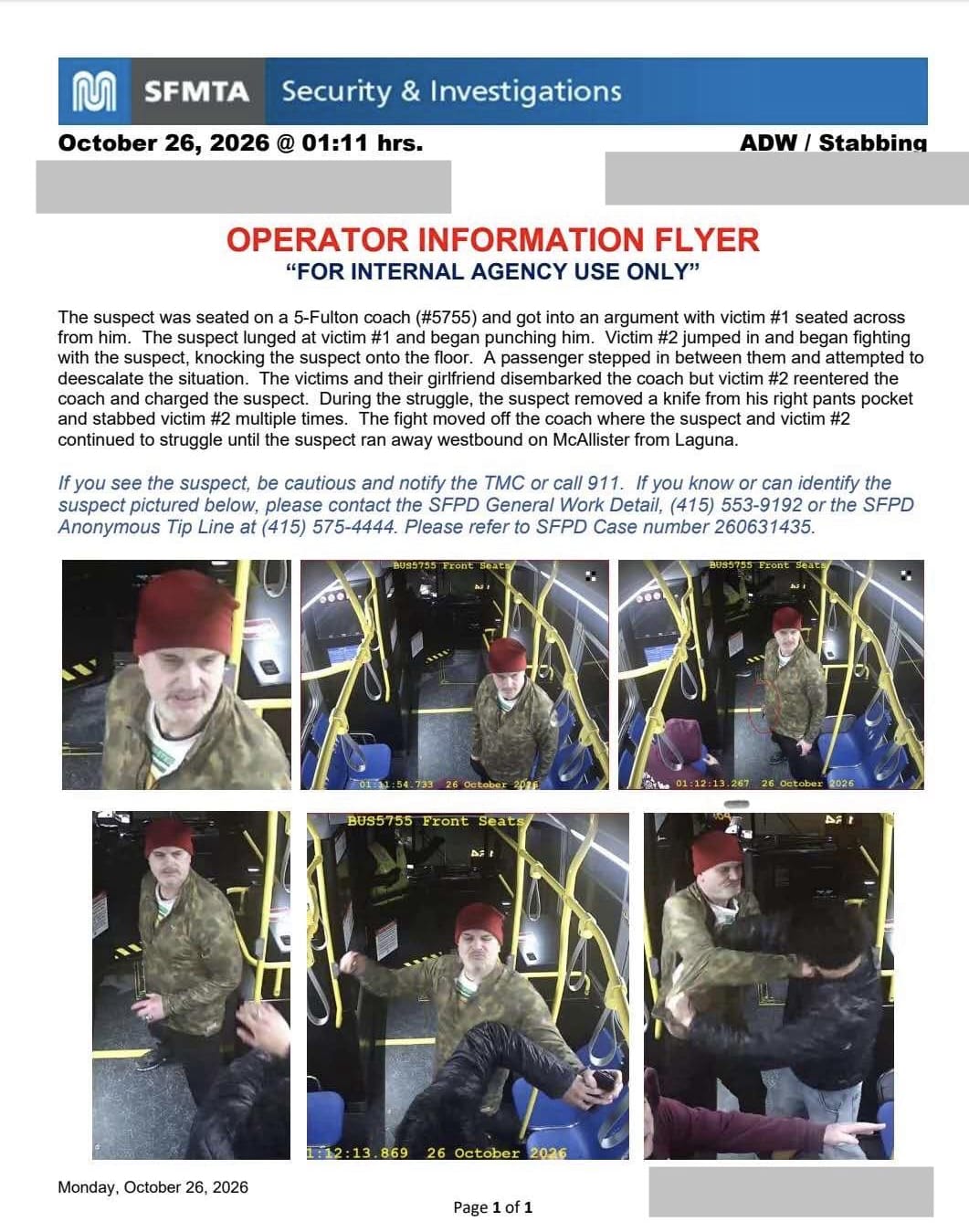 SFMTA Shares Photos of Stabbing Suspect From 5-Fulton Bus Incident